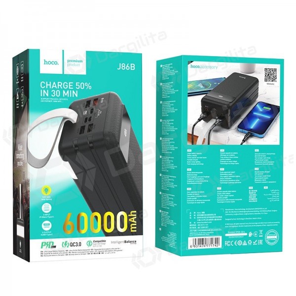 Išorinė baterija (Power Bank) Hoco J86B 60000 mAh 22.5 W PD + QC 3.0, juoda