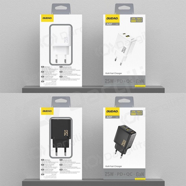 Telefono įkroviklis Dudao A26T 25 W GaN USB-C + USB-A baltas