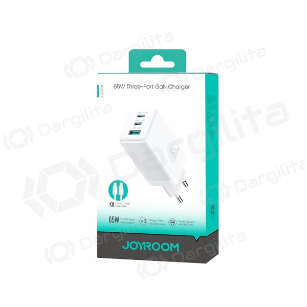 Telefono įkroviklis Joyroom JR-TG10 65 W USB-C + USB-A GaN PPS baltas