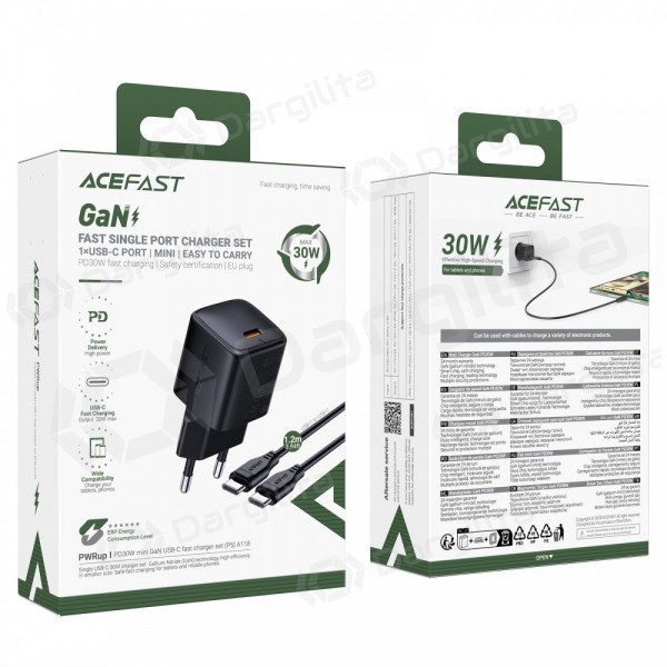 Telefono įkroviklis Acefast A118 30 W USB-C PD QC GaN juodas