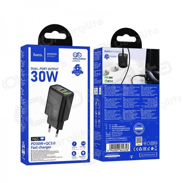Telefono įkroviklis Hoco N63 30 W GaN USB-C + USB-A juodas