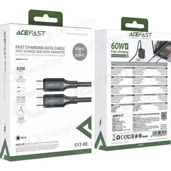 USB-C laidas Acefast C17-03 USB-C į USB-C 1.2 m 60 W juodas