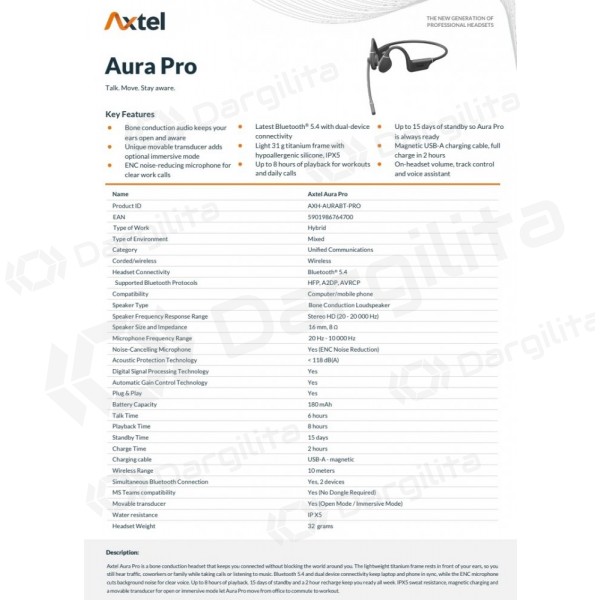 Bluetooth laisvų rankų įranga Axtel Aura Pro Bluetooth 5.4 su kaulų laidumu juoda