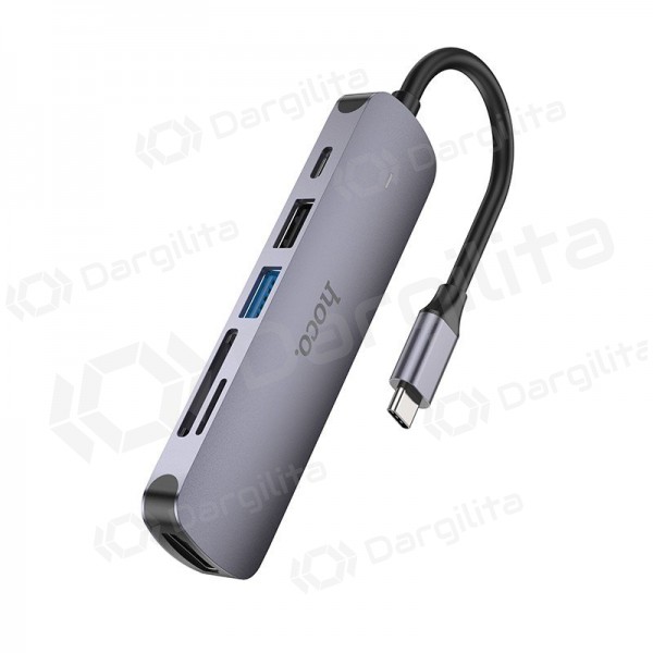 USB-C adapteris Hoco HB28 USB-C į HDMI + USB 3.0 + USB 2.0 + SD + TF + PD pilkas