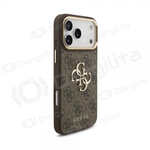 Apple iPhone 18 Pro Max dėklas "Guess PU Leather 4G Metal Logo Gold Frame" (rudas)