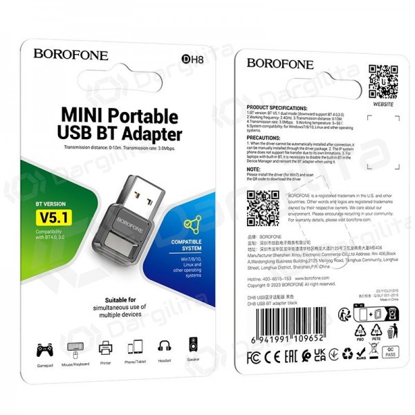 Bluetooth adapteris Borofone DH8 Bluetooth 5.1 juodas