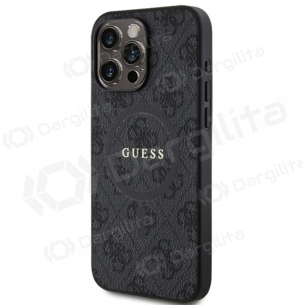 Apple iPhone 15 Pro Max dėklas "Guess PU Leather 4G Colored Ring MagSafe" (juodas)