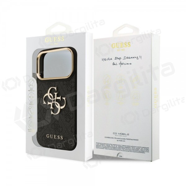 Apple iPhone 18 Pro dėklas "Guess PU Leather 4G Metal Logo Gold Frame" (juodas)