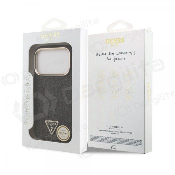 Apple iPhone 18 Pro Max dėklas "Guess PU Leather 4G Strass Triangle Logo Gold Frame MagSafe" (juodas)