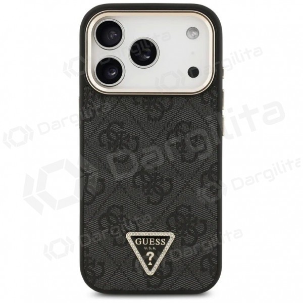 Apple iPhone 17 Pro Max dėklas "Guess PU Leather 4G Strass Triangle Logo Gold Frame MagSafe" (juodas)