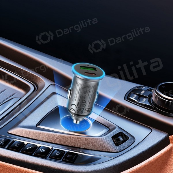 Automobilinis įkroviklis Acefast B15 65 W USB-C + USB-A PD QC pilkas