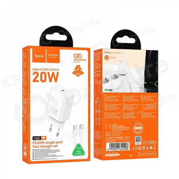 Telefono įkroviklis Hoco N60 GaN USB-C su USB-C laidu 1 m baltas