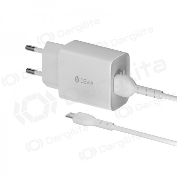 Įkroviklis Devia Smart x 2 USB (2.4A) + MicroUSB, (baltas)