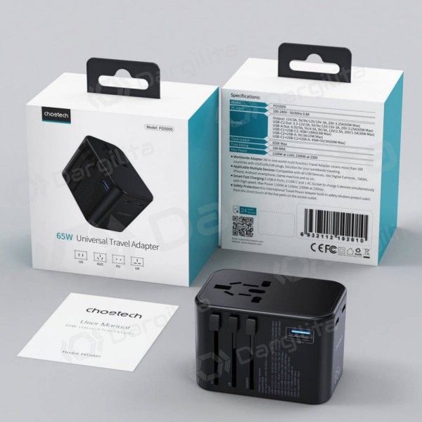 Telefono įkroviklis Choetech PD5009 65 W 2xUSB-C + USB-A PD GaN juodas