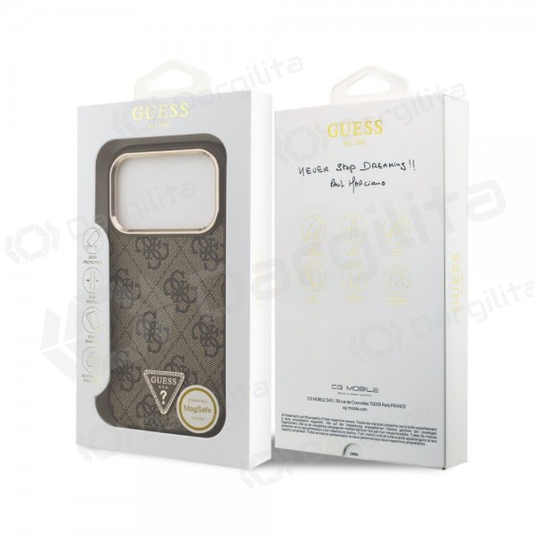 Apple iPhone 18 Pro Max dėklas "Guess PU Leather 4G Strass Triangle Logo Gold Frame MagSafe" (rudas)