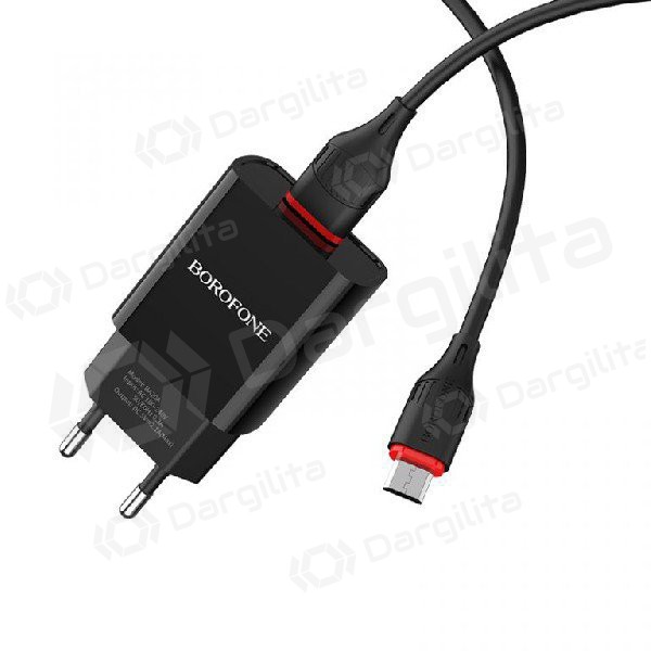 Įkroviklis BOROFONE BA20A Sharp USB + microUSB kabelis (5V 2.1A) (juodas)