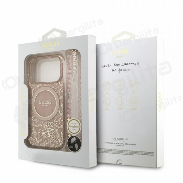 Apple iPhone 18 Pro dėklas "Guess IML Flowers Allover Strap MagSafe" (rožinis)