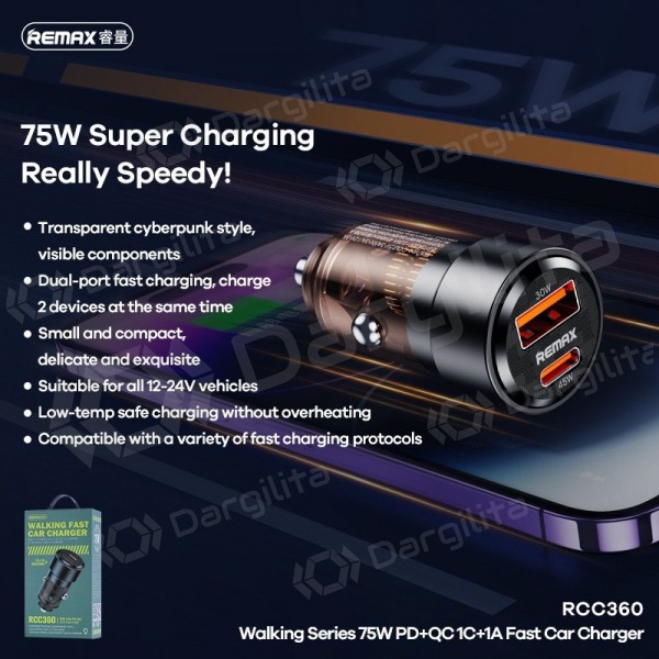 Automobilinis įkroviklis Remax RCC360 75 W USB-C + USB-A PD QC juodas