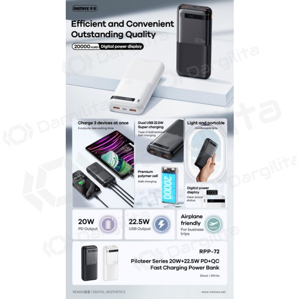 Išorinė baterija (Power Bank) Remax RPP-72 20000 mAh 22.5 W, juoda