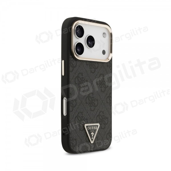 Apple iPhone 18 Pro dėklas "Guess PU Leather 4G Strass Triangle Logo Gold Frame MagSafe" (juodas)