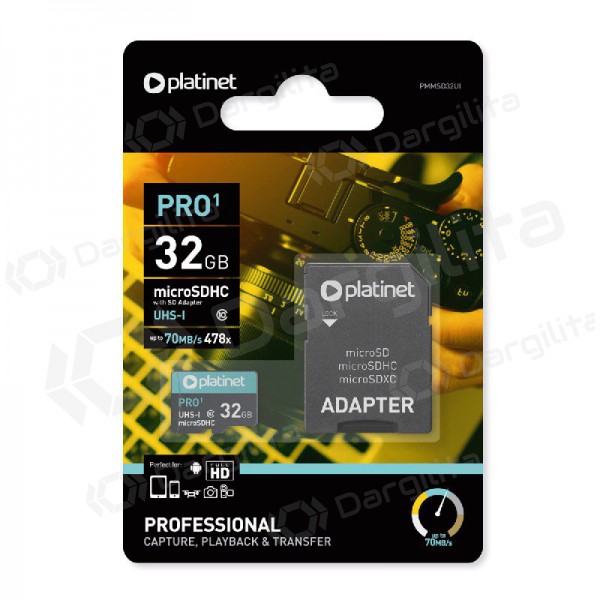 Atminties korta Platinet MicroSD 32GB (class10 UHS-I 70MB/S) + SD Adapteris