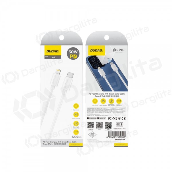 Lightning laidas Dudao L4X USB-C į Lightning 1.2 m 30 W baltas