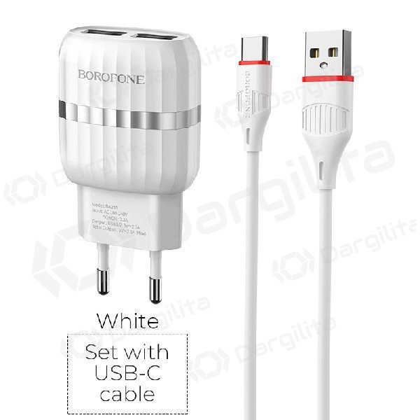 Įkroviklis BOROFONE BA24A Vigour Dual USB + Type-C kabelis (5V 2.4A) (baltas)