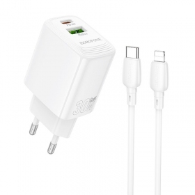 Telefono įkroviklis Borofone BN29 30 W USB-C + USB-A PD QC Lightning baltas