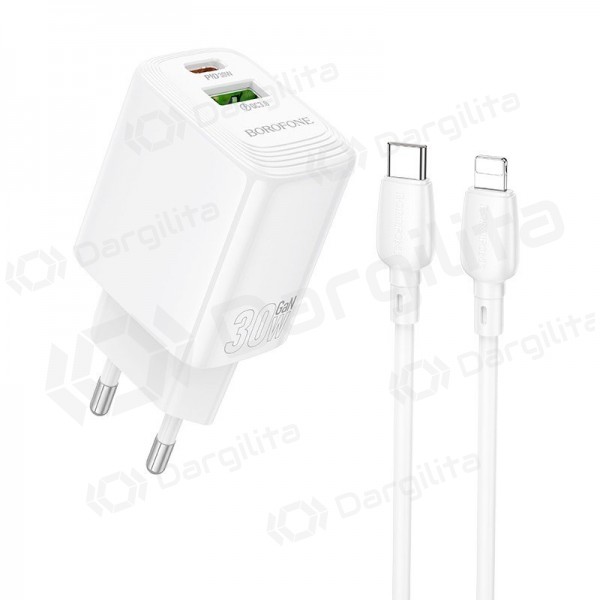 Telefono įkroviklis Borofone BN29 30 W USB-C + USB-A PD QC Lightning baltas
