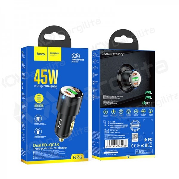 Automobilinis telefono įkroviklis Hoco NZ6 45 W PD 2x USB-C + USB-A juodas