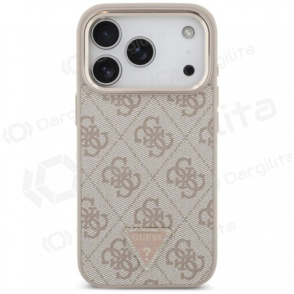 Apple iPhone 17 Pro dėklas "Guess PU Leather 4G Strass Triangle Logo Gold Frame MagSafe" (rožinis)