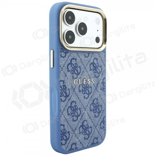 Apple iPhone 18 Pro dėklas "Guess PU Leather 4G Gold Frame Embossed MagSafe" (mėlynas)