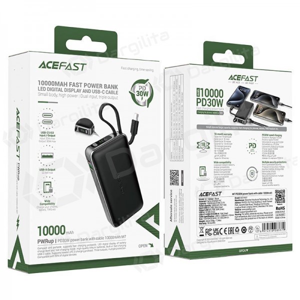 Išorinė baterija (Power Bank) Acefast M7-10000 10000 mAh PD 30 W su laidu, juoda