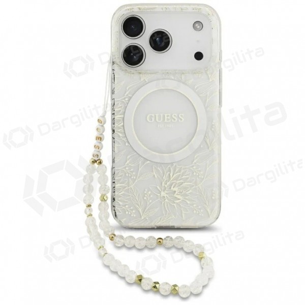 Apple iPhone 18 Pro Max dėklas "Guess IML Flowers Allover Strap MagSafe" (baltas)