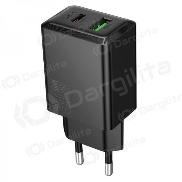 Telefono įkroviklis Hoco N71 30 W GaN USB-C + USB-A juodas