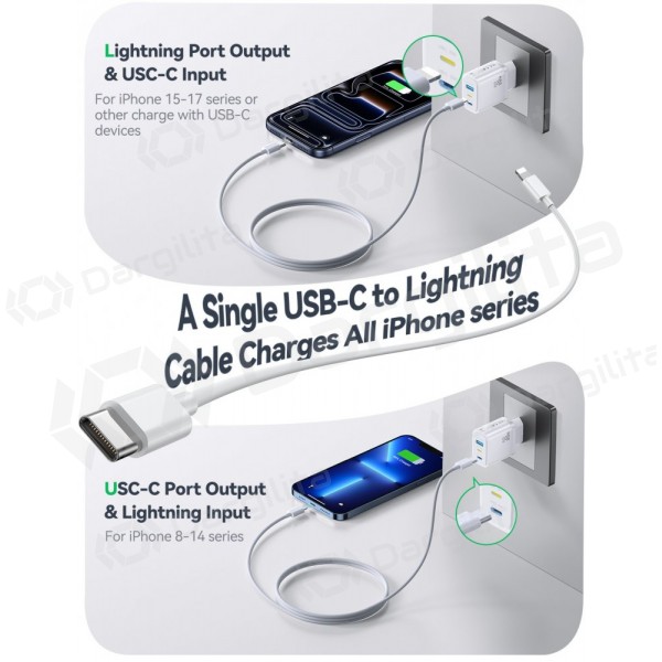 Telefono įkroviklis Joyroom JR-TG6 30 W USB-C + USB-A PD PPS GaN baltas
