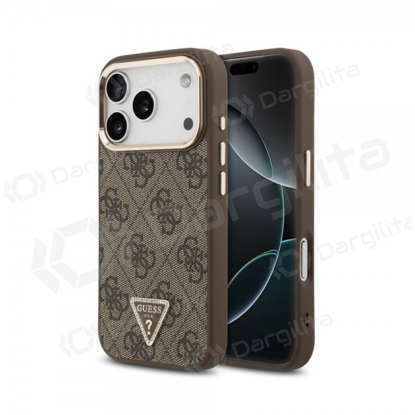 Apple iPhone 18 Pro dėklas "Guess PU Leather 4G Strass Triangle Logo Gold Frame MagSafe" (rudas)