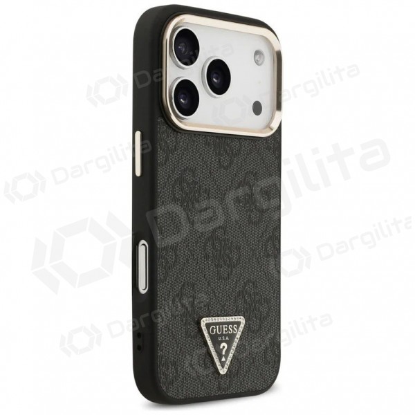 Apple iPhone 17 Pro Max dėklas "Guess PU Leather 4G Strass Triangle Logo Gold Frame MagSafe" (juodas)
