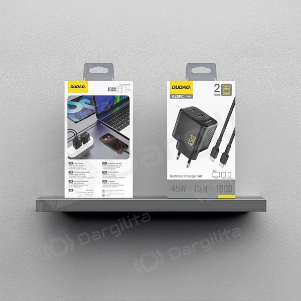 Telefono įkroviklis Dudao A28PC 45 W GaN 2x USB-C su USB-C laidu 1 m juodas