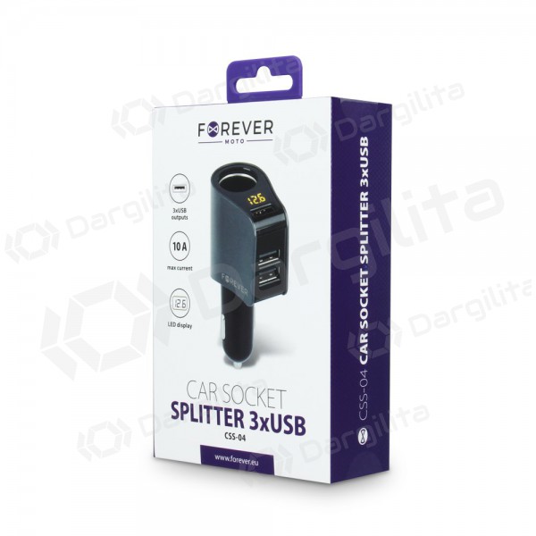Automobilinis įkroviklis + adapteris Forever CSS-04 su 3xUSB jungtimis 3A (juodas)