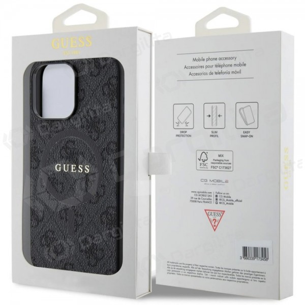 Apple iPhone 15 Pro Max dėklas "Guess PU Leather 4G Colored Ring MagSafe" (juodas)