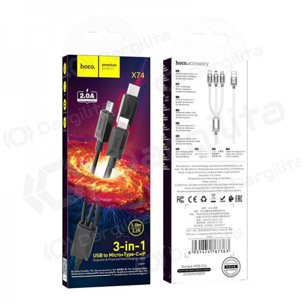 USB kabelis Hoco X74 3in1 microUSB-Lightning-Type-C 1.0m (juodas)