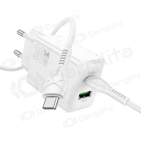 Telefono įkroviklis Hoco N71 30 W GaN USB-C + USB-A su USB-C laidu 1 m baltas