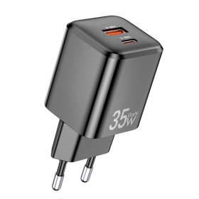 Telefono įkroviklis Awei PD66-EU GaN 35 W USB-C + USB-A PD juodas