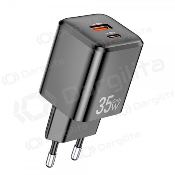 Telefono įkroviklis Awei PD66-EU GaN 35 W USB-C + USB-A PD juodas