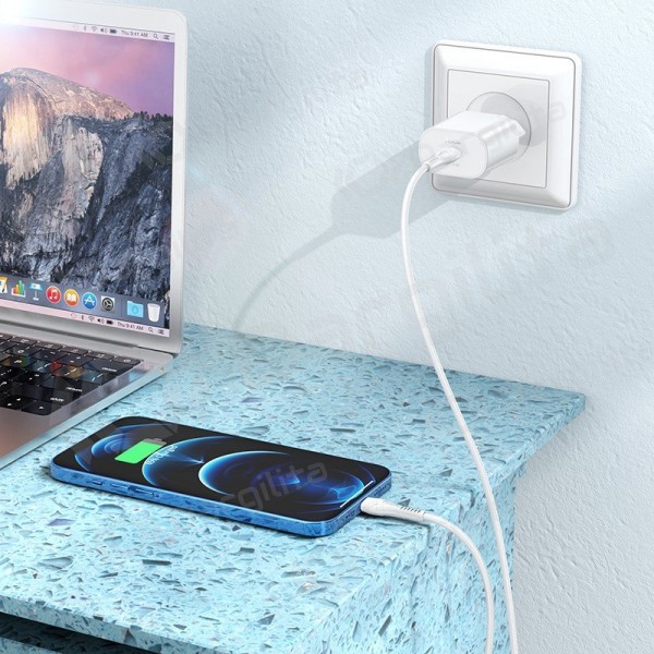Telefono įkroviklis Hoco N22 25 W USB-C su Lightning laidu 1 m baltas