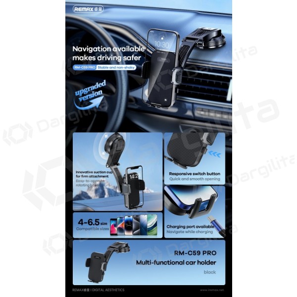 Automobilinis telefono laikiklis Remax RM-C59 PRO ant prietaisų skydelio su siurbtuku