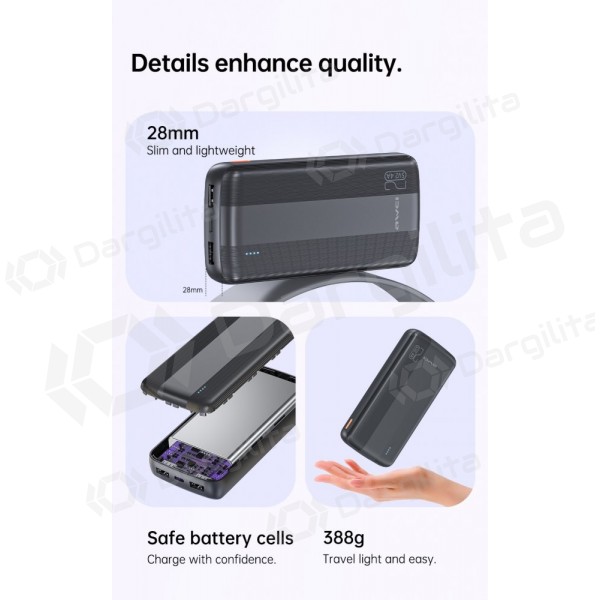 Išorinė baterija (Power Bank) Awei P19K 20000 mAh 5V / 2.4A, juoda