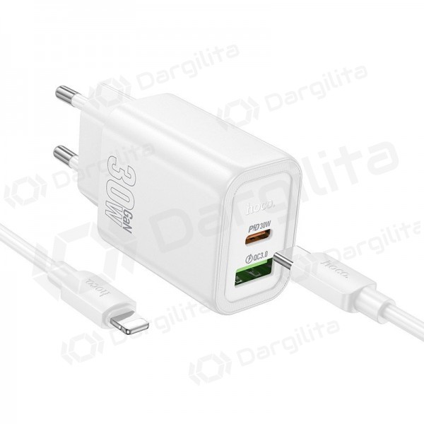 Telefono įkroviklis Hoco N63 30 W GaN USB-C + USB-A su Lightning laidu 1 m baltas