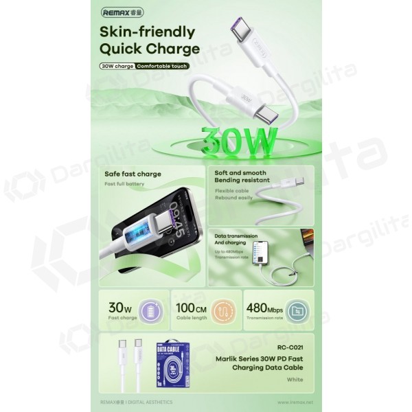 USB-C laidas Remax USB-C į USB-C 2 m 30 W baltas